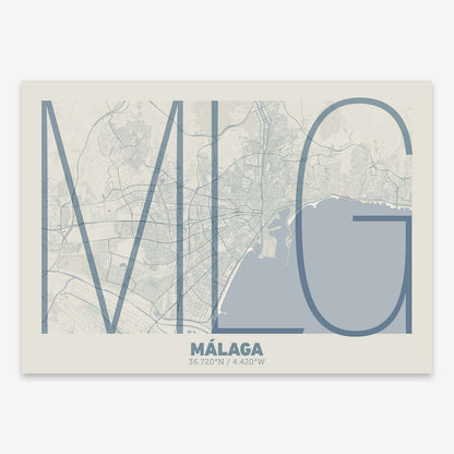 The map of Malaga composed with letters in extra light font printed on bluish gray and an off-white background