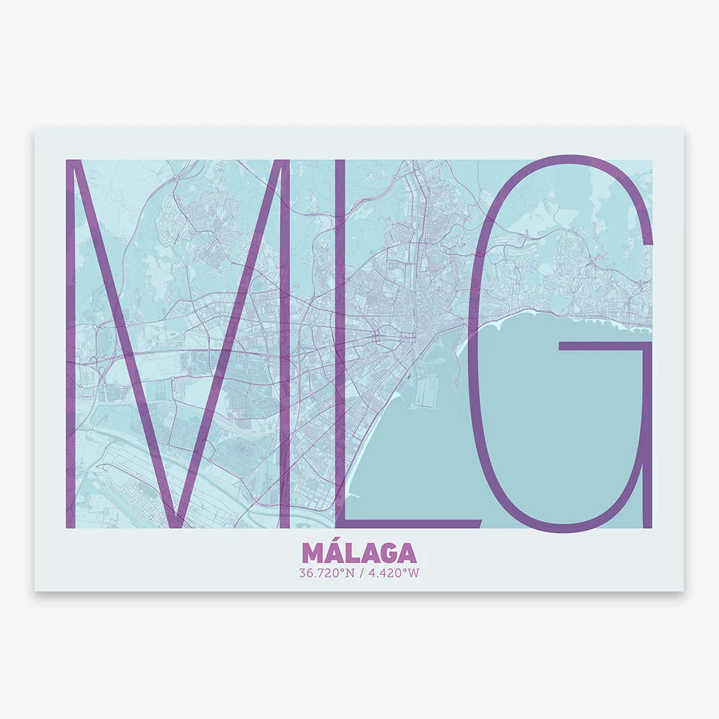 Poster of Malaga composed with letters in extra light font printed on purple and light blue
