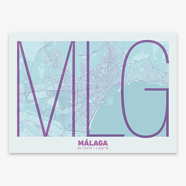 Poster of Malaga composed with letters in extra light font printed on purple and light blue