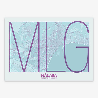 Poster of Malaga composed with letters in extra light font printed on purple and light blue