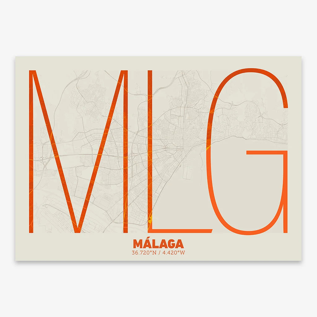 Poster of Malaga composed with letters in extra light font printed on orange and an off-white background