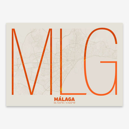The map of Malaga composed with letters in extra light font printed on orange and an off-white background