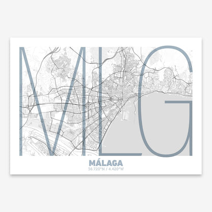 The map of Malaga composed with letters in extra light font printed on black and white
