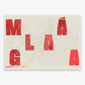 Decorative print of Malaga with letters of its name placed randomly, designed in red and an off-white background