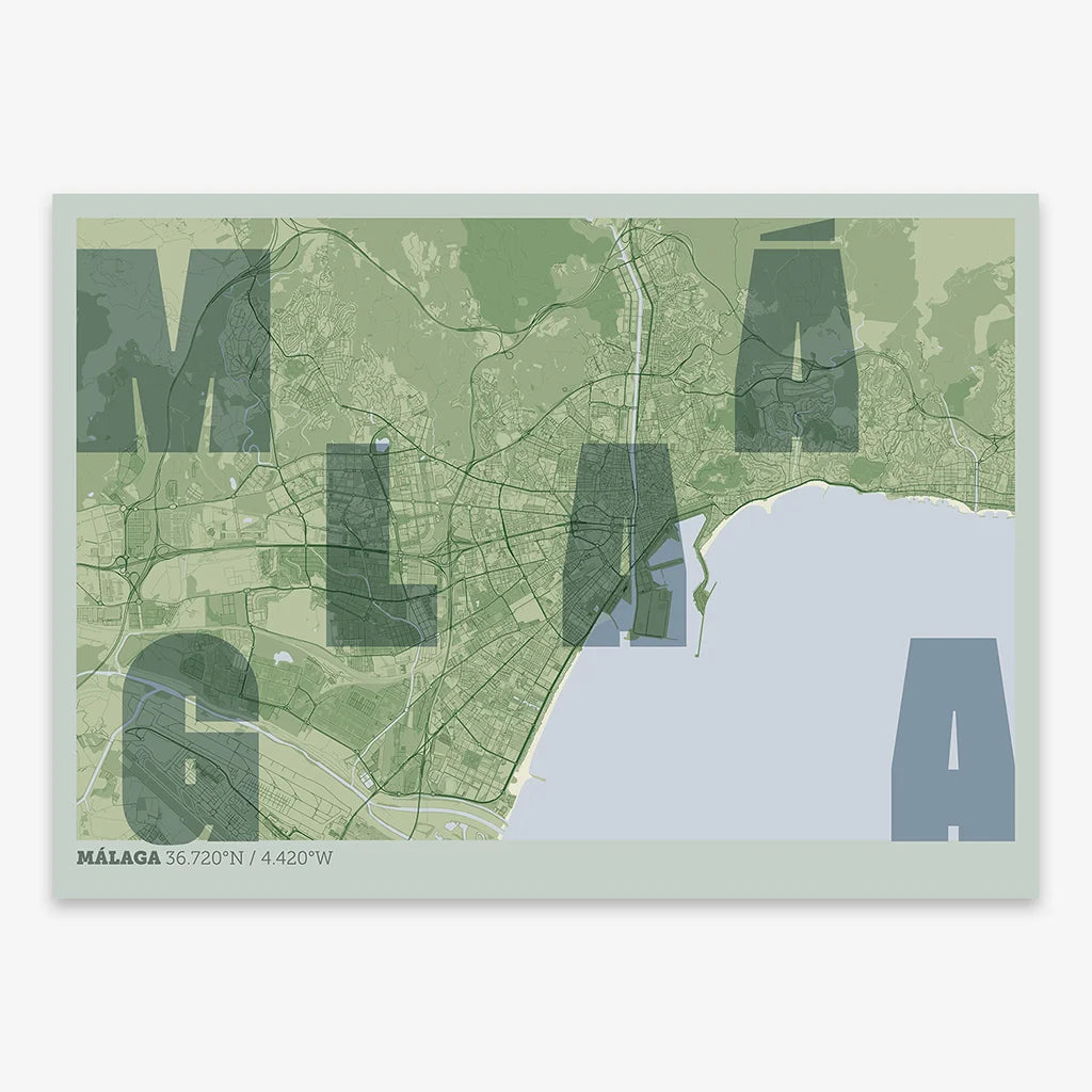 Decorative print of Malaga with letters of its name placed randomly, designed in two green tones