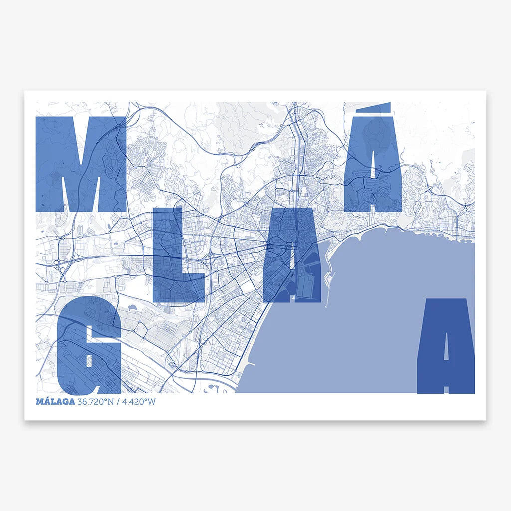 Decorative print of Malaga with letters of its name placed randomly, designed in navy blue and white