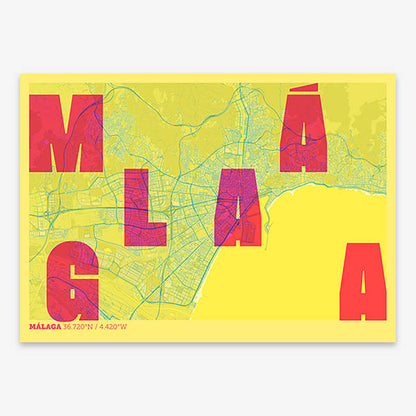 Decorative print of Malaga with letters of its name placed randomly, designed in yellow and fuchsia