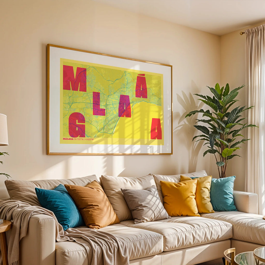 Diseño de interiores moderno con la lámina de Málaga en el diseño la Revoltosa, donde las letras del nombre aparecen aleatoriamente en diferentes líneas para un diseño urbano realmente original diseñado en amarillo y fucsia, expuesto en la pared de un salón