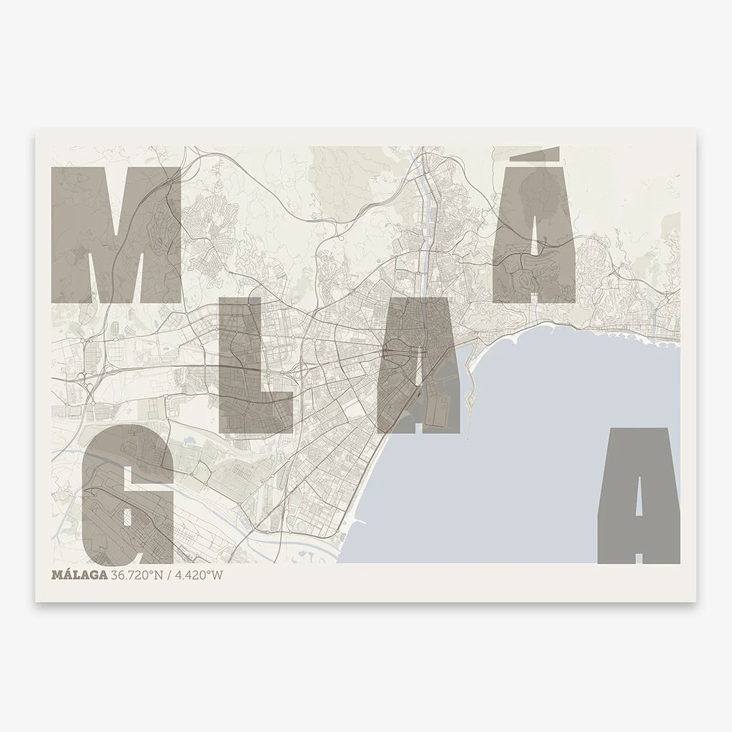 Decorative print of Malaga with letters of its name placed randomly, designed in light brown and an off-white background