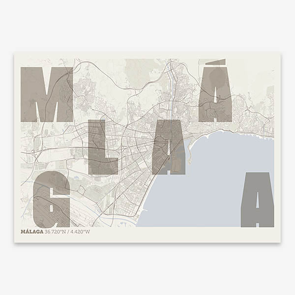 Decorative print of Malaga with letters of its name placed randomly, designed in light brown and an off-white background