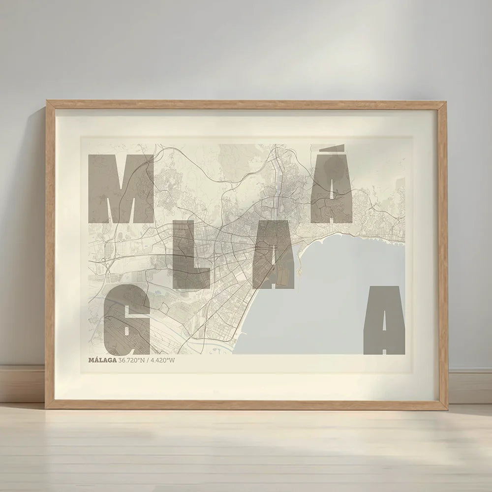 Framed Malaga in Unruled design, where the city name letters appear randomly across different lines for a truly original urban layout designed in light brown and an off-white background with a white margin border in a warm lit minimalist setting