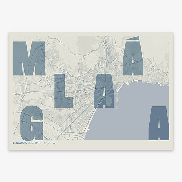 Decorative print of Malaga with letters of its name placed randomly, designed in bluish gray and an off-white background