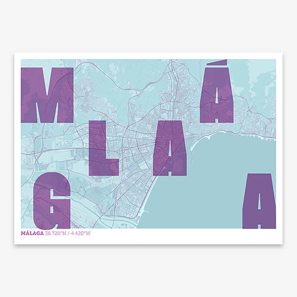 Decorative print of Malaga with letters of its name placed randomly, designed in purple and light blue