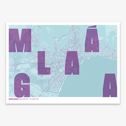 Decorative print of Malaga with letters of its name placed randomly, designed in purple and light blue