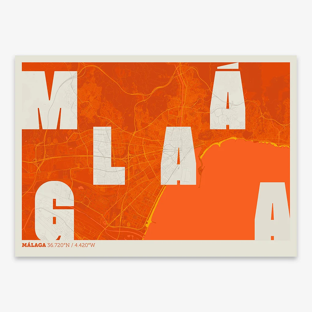 Decorative print of Malaga with letters of its name placed randomly, designed in orange and an off-white background