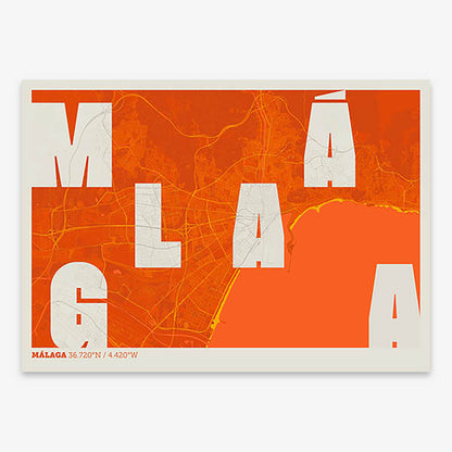 Decorative print of Malaga with letters of its name placed randomly, designed in orange and an off-white background