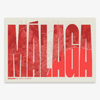 Decorative map of Malaga and letters of its name in a giclée print designed in red and an off-white background