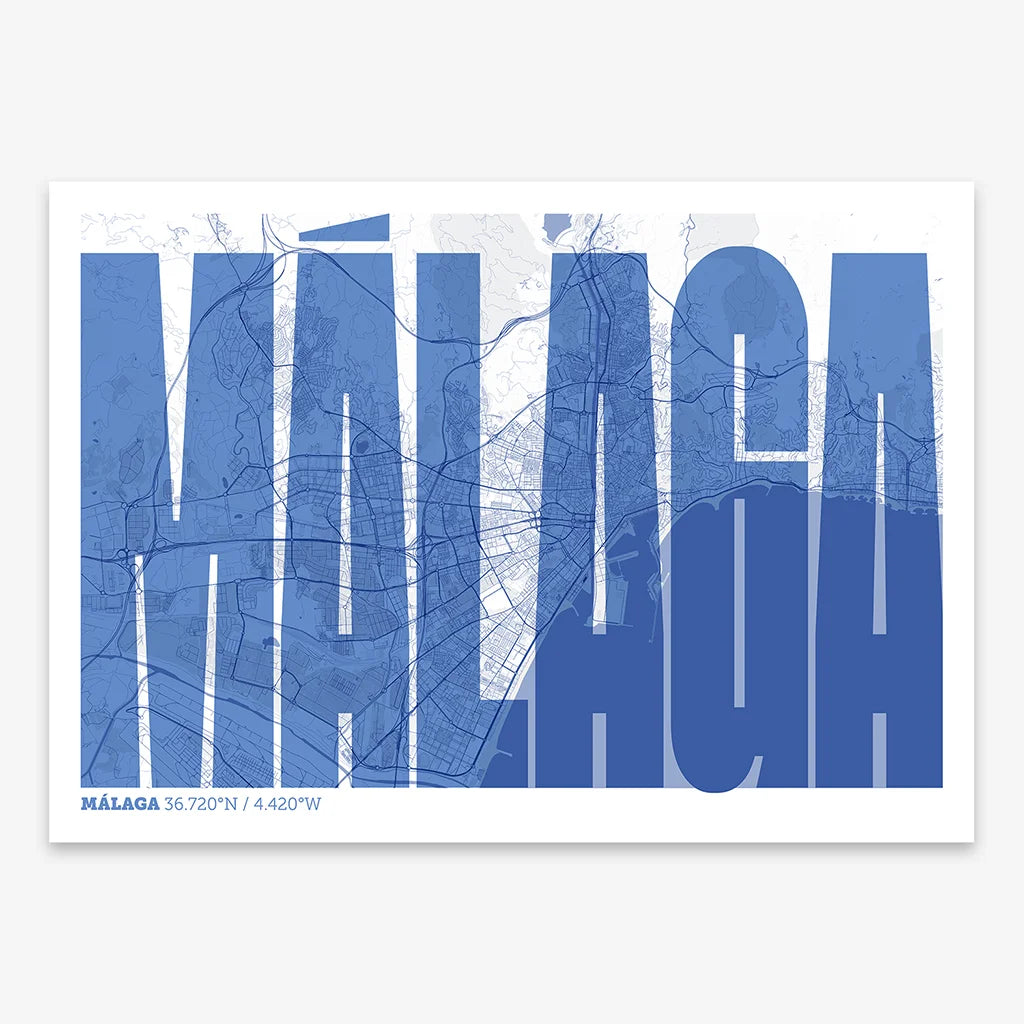 Decorative map of Malaga and letters of its name in a giclée print designed in navy blue and white