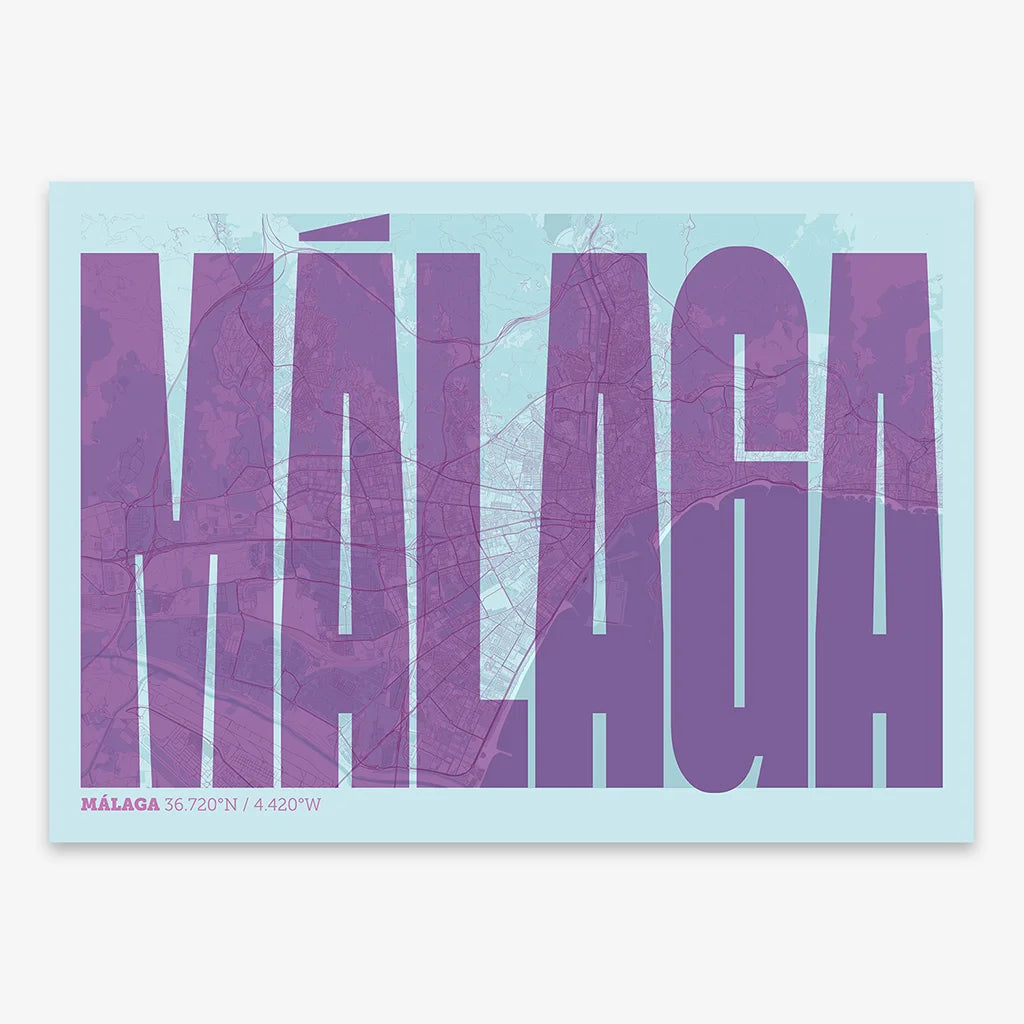 Decorative map of Malaga and letters of its name in a giclée print designed in purple and light blue