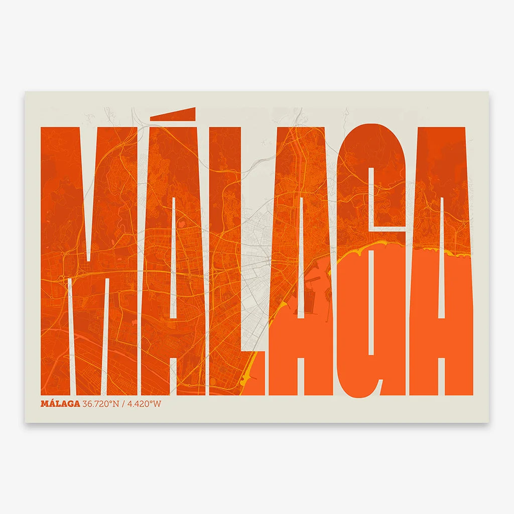 Decorative map of Malaga and letters of its name in a giclée print designed in orange and an off-white background