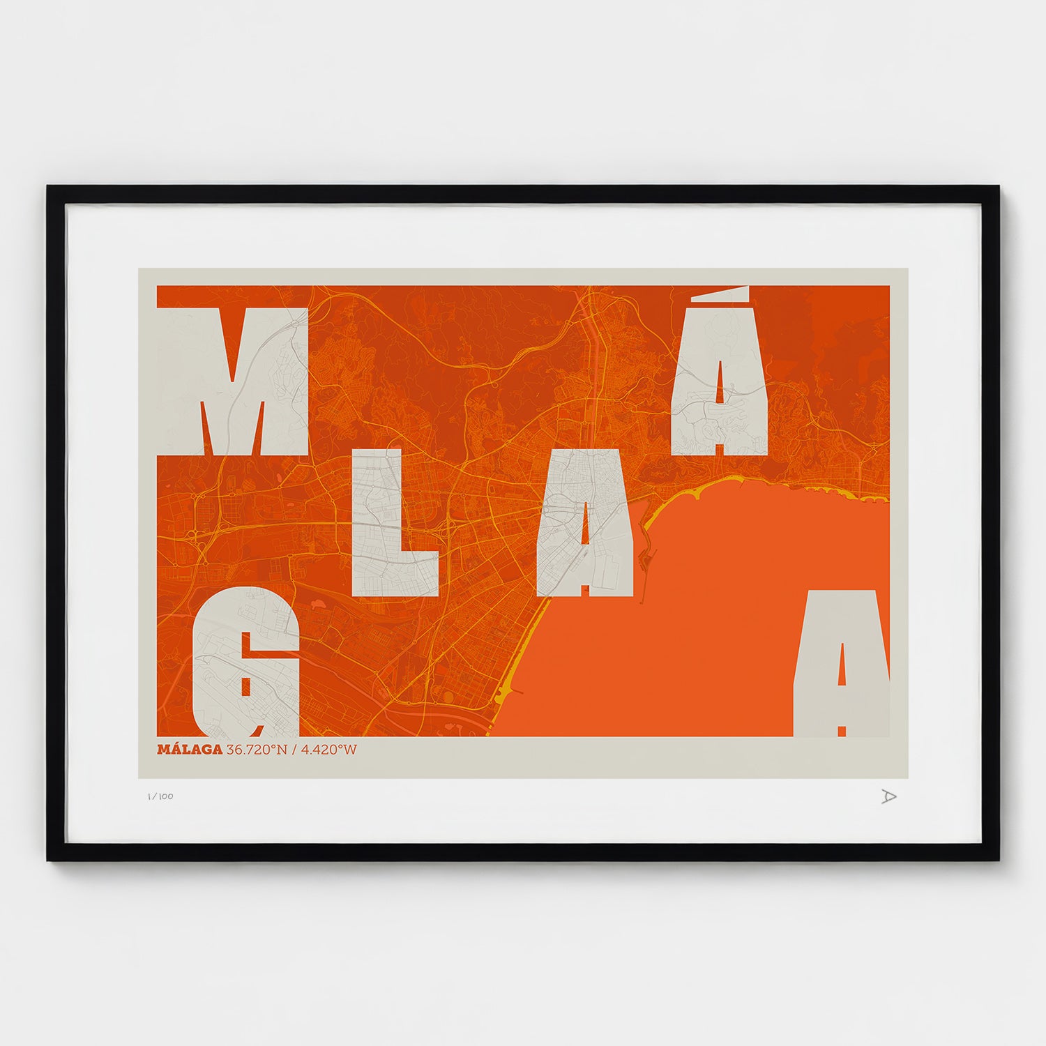 Lámina tipográfica de Malaga – diseño Revoltosa, marco negro