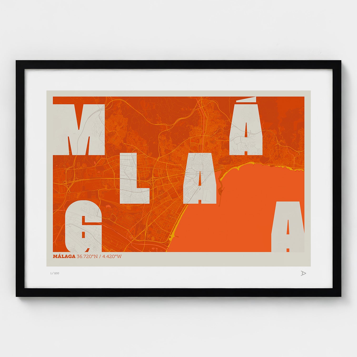 Lámina tipográfica de Malaga – diseño Revoltosa, marco negro