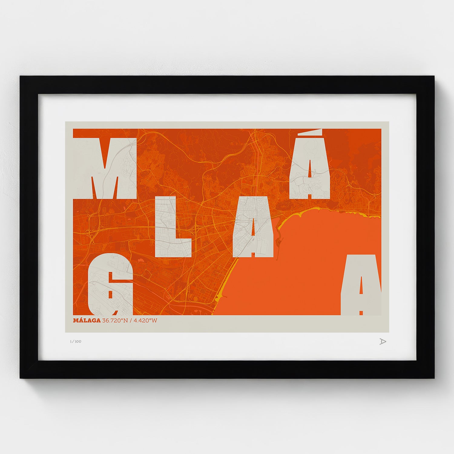 Lámina tipográfica de Malaga – diseño Revoltosa, marco negro