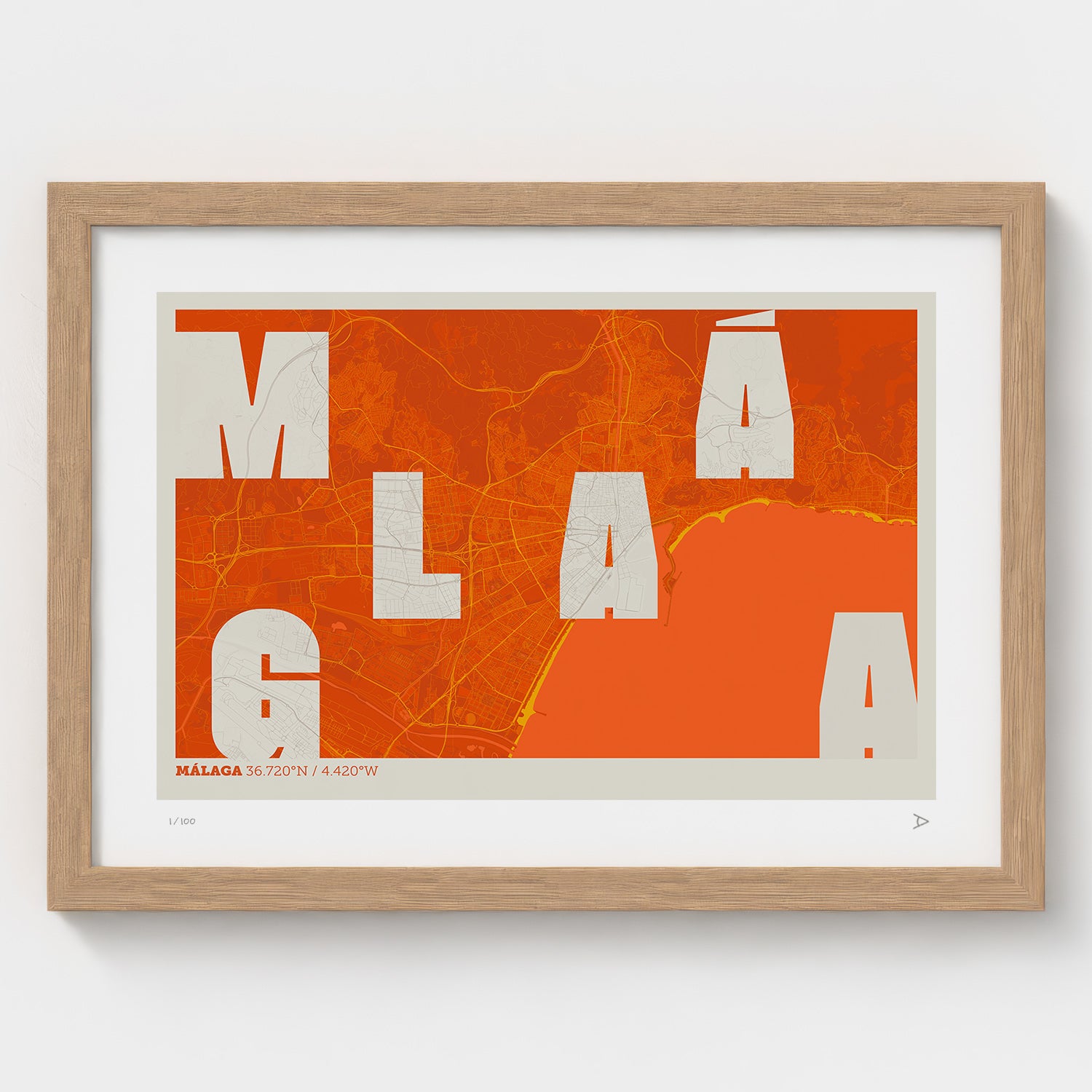 Lámina tipográfica de Malaga – diseño Revoltosa, marco de madera natural