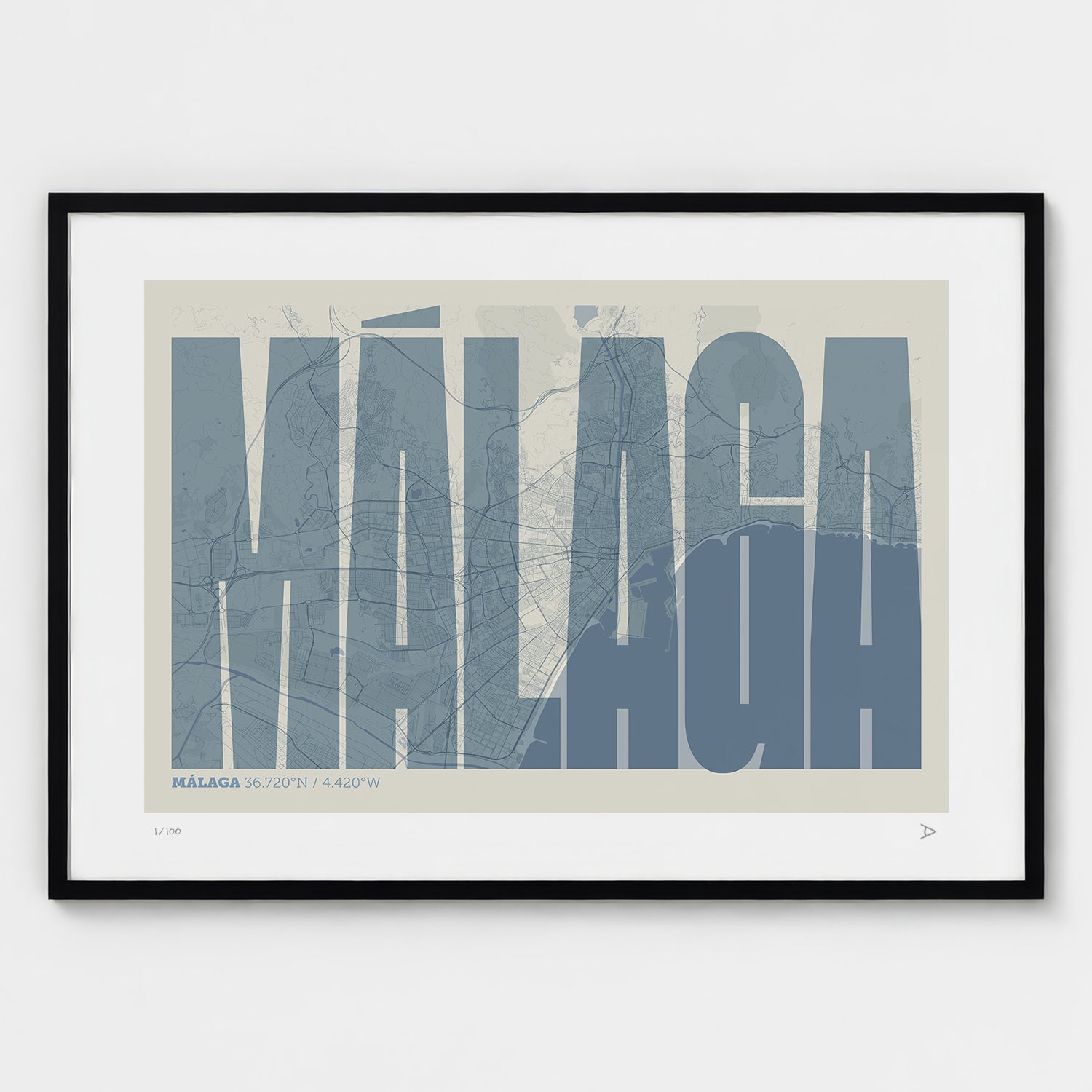 Lámina tipográfica de Malaga – diseño Extra Comprimida, marco negro
