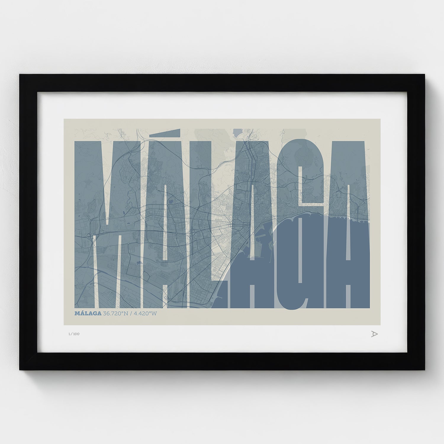 Lámina tipográfica de Malaga – diseño Extra Comprimida, marco negro