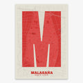 Decorative print of Madrid composed with letters in a heavy geometric font printed on red and an off-white background