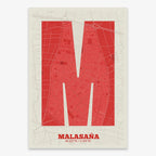 Decorative print of Madrid composed with letters in a heavy geometric font printed on red and an off-white background