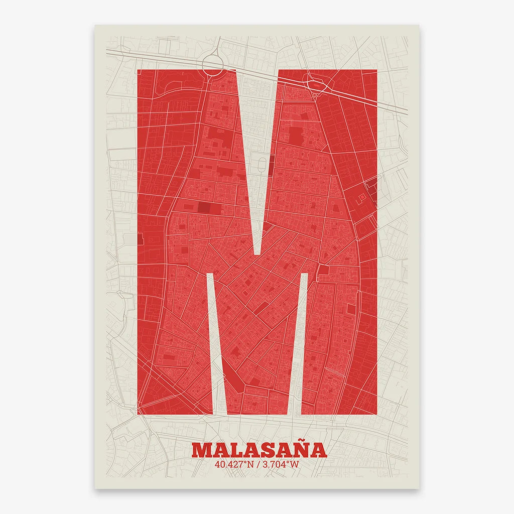 Decorative print of Madrid composed with letters in a heavy geometric font printed on red and an off-white background