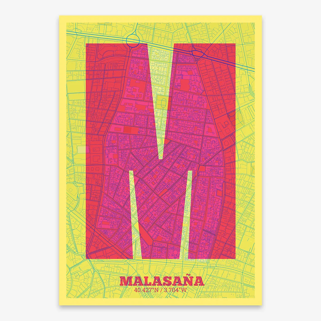 Decorative print of Madrid composed with letters in a heavy geometric font printed on yellow and fuchsia
