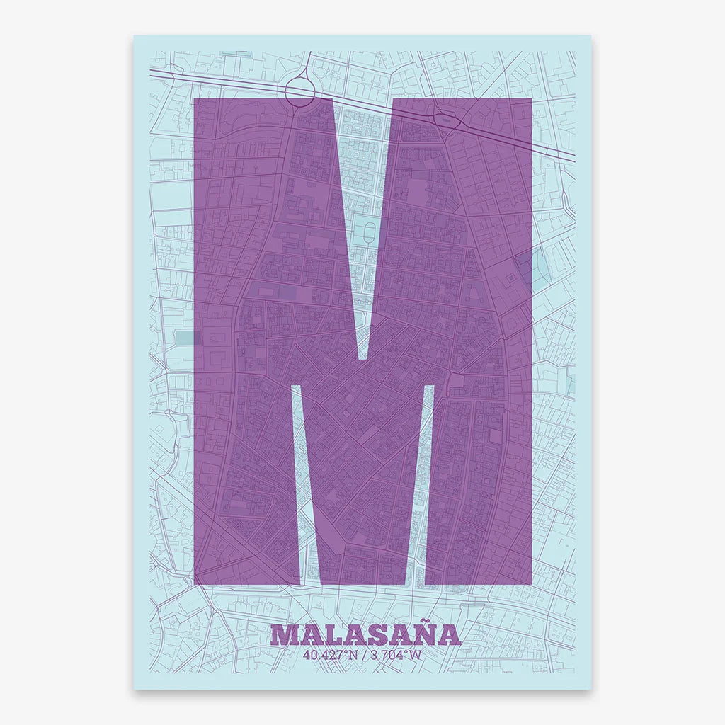 Decorative print of Madrid composed with letters in a heavy geometric font printed on purple and light blue