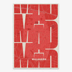 The map of Malasaña, Madrid, in Inseparable design, featuring the city's abbreviation in expressive typography over a detailed urban map designed in red and an off-white background