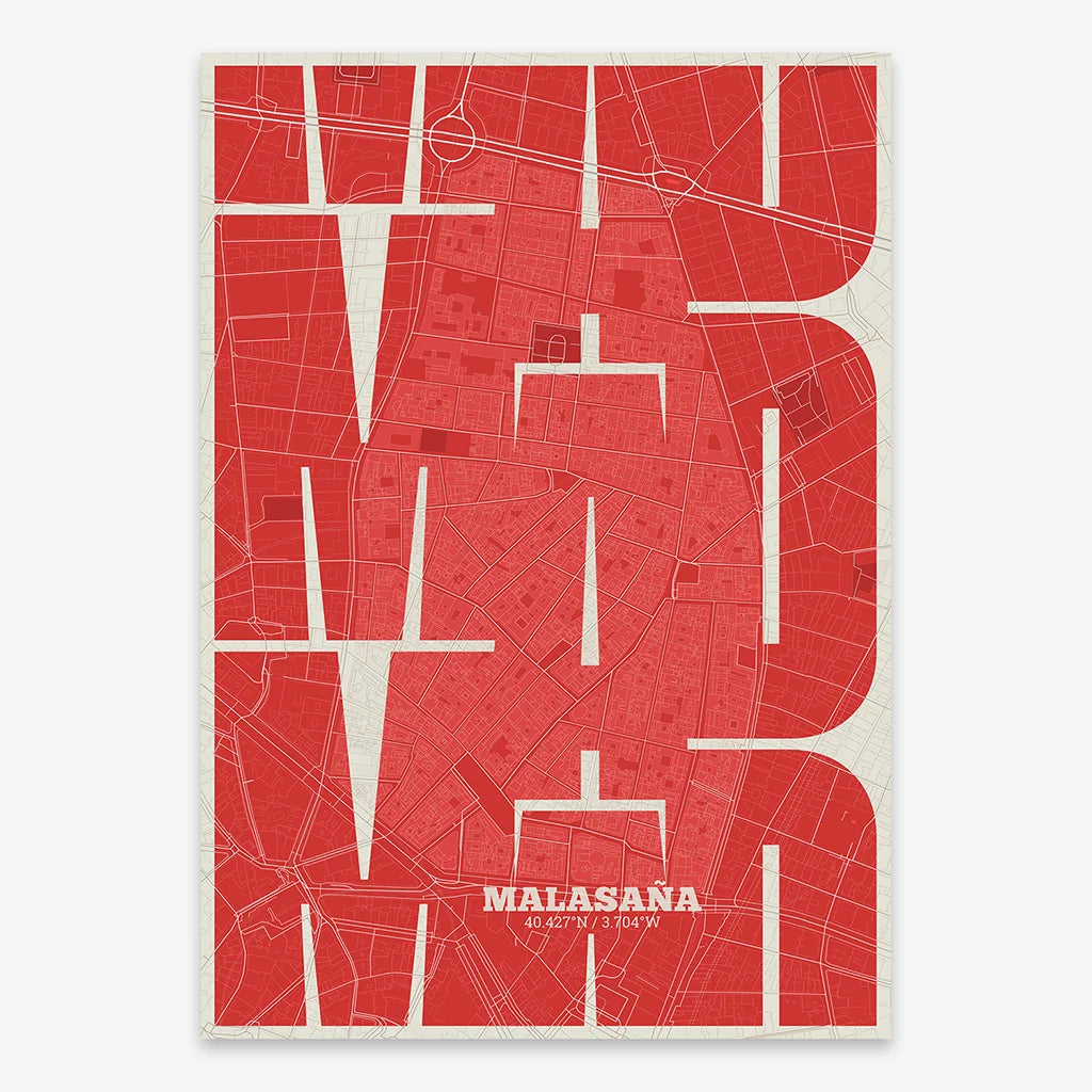 Poster of Madrid composed with letters from its abbreviation or its airport IATA code printed on red and an off-white background