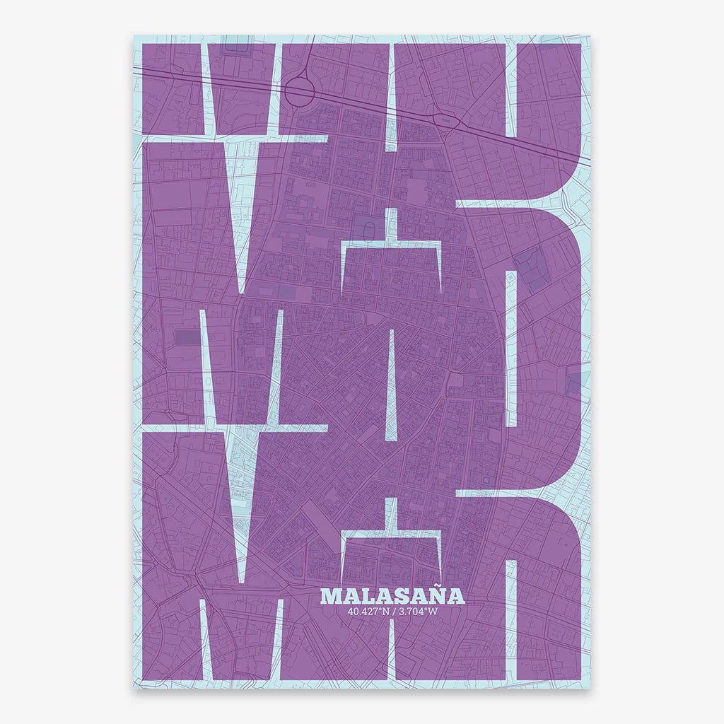 Poster of Madrid composed with letters from its abbreviation or its airport IATA code printed on purple and light blue