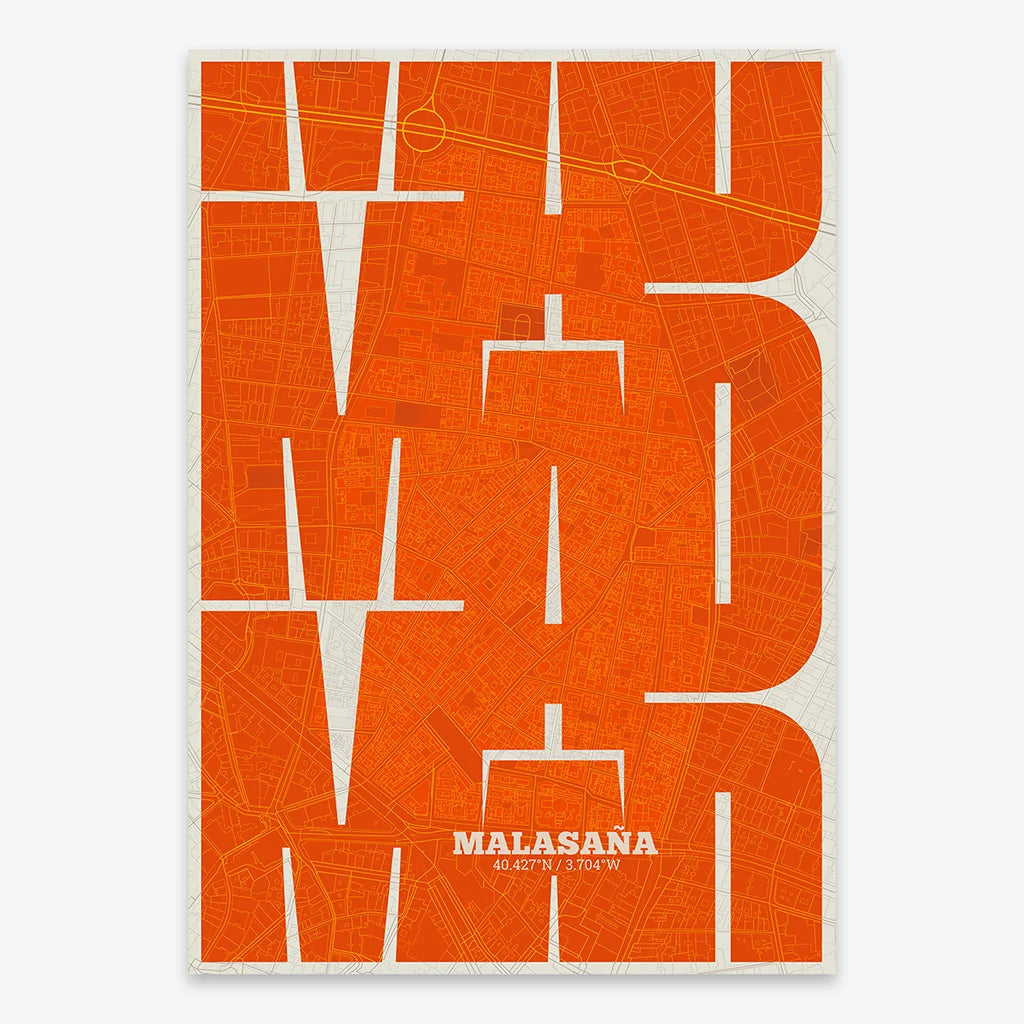 Poster of Madrid composed with letters from its abbreviation or its airport IATA code printed on orange and an off-white background