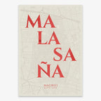Decorative map of Madrid composed with letters in serif font printed on red and an off-white background
