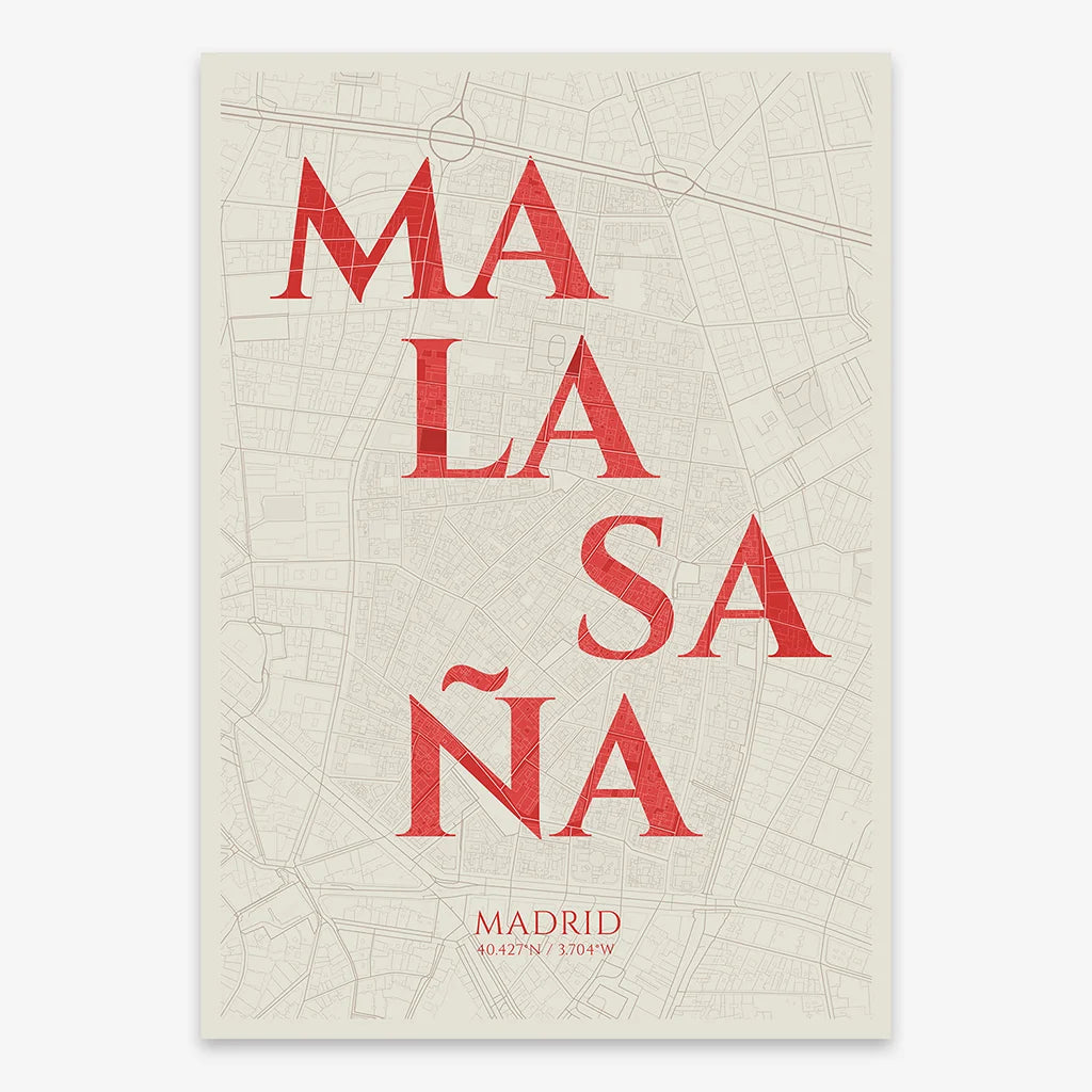 Decorative map of Madrid composed with letters in serif font printed on red and an off-white background