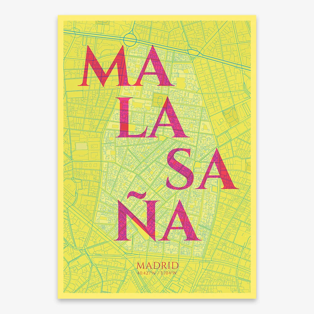 Decorative map of Madrid composed with letters in serif font printed on yellow and fuchsia