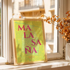 Modern interior design with a Malasaña, Madrid, in Classic design, inspired by chiseled typography with an elegant font that creates a beautiful visual contrast designed in yellow and fuchsia, displayed on a living room wall
