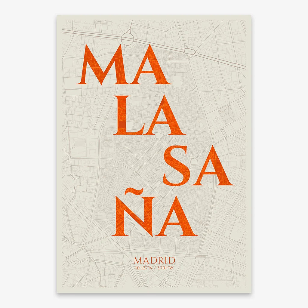 Decorative map of Madrid composed with letters in serif font printed on orange and an off-white background