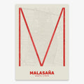 The map of Malasaña, Madrid, in Ultralight design, a minimalist aesthetic combining urban cartography with modern, extra-thin elegant lettering designed in red and an off-white background