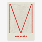 The map of Malasaña, Madrid, in Ultralight design, a minimalist aesthetic combining urban cartography with modern, extra-thin elegant lettering designed in red and an off-white background