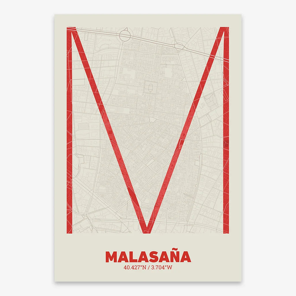 Poster of Madrid composed with letters in extra light font printed on red and an off-white background