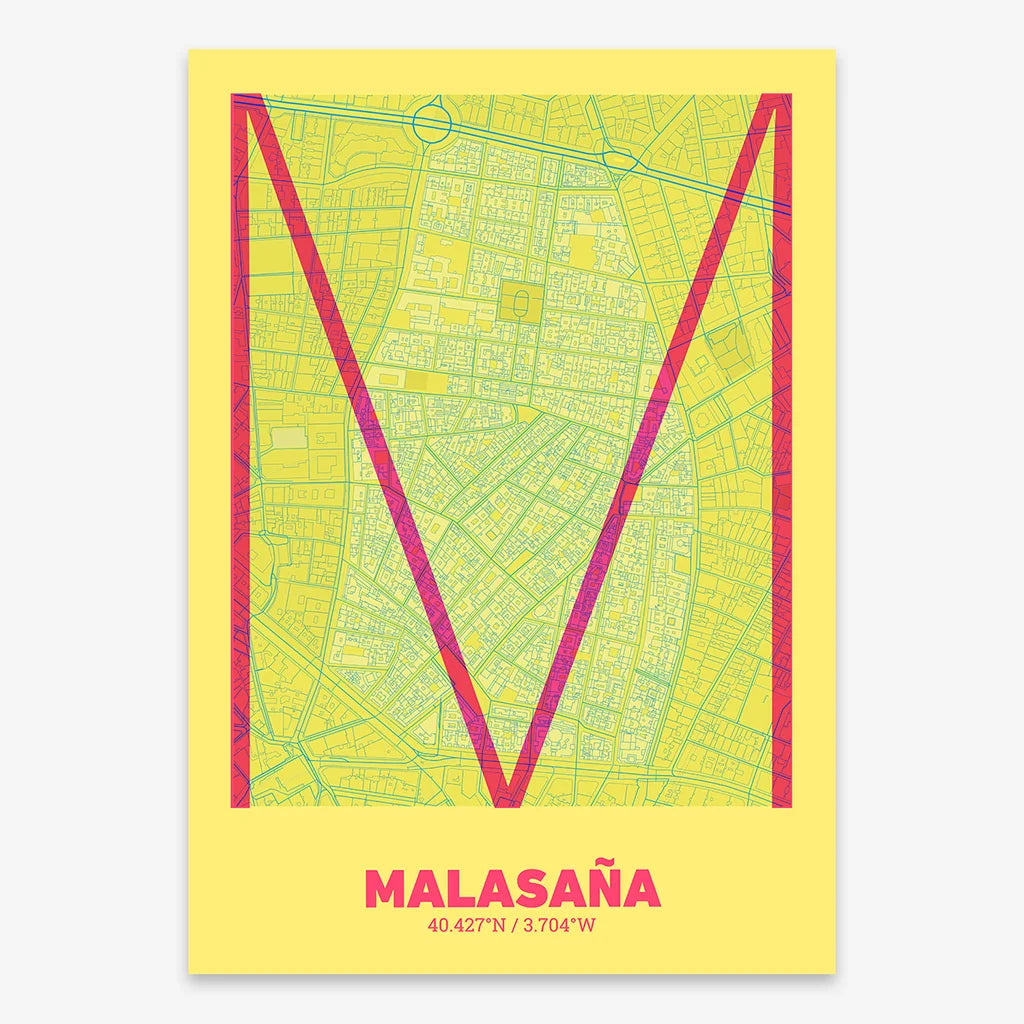 Poster of Madrid composed with letters in extra light font printed on yellow and fuchsia