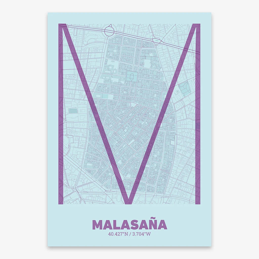 Poster of Madrid composed with letters in extra light font printed on purple and light blue