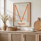 Modern interior design with a Malasaña, Madrid, in Ultralight design, a minimalist aesthetic combining urban cartography with modern, extra-thin elegant lettering designed in orange and an off-white background, displayed on a living room wall